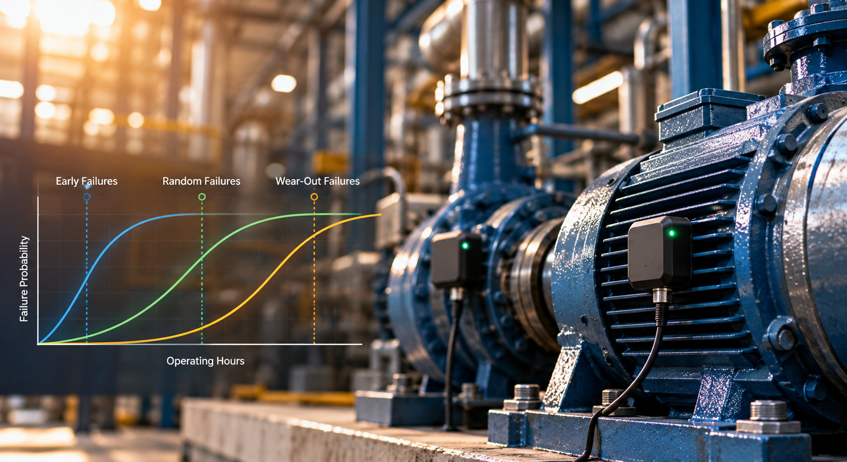 Weibull analysis in predictive maintenance showing industrial motor failure probability and IoT condition monitoring.